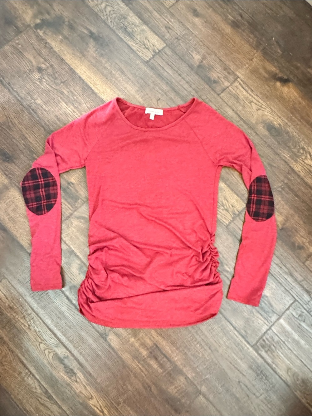 Red Long Sleeve Top with Plaid Elbow Patches with ruched sides